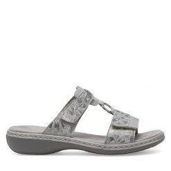 Klapki Rieker. Szare klapki damskie Rieker, bez wzorów, bez obcasa. Za 289.99 zł.
