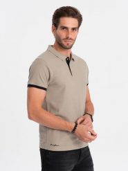 Bawełniana koszulka męska polo z kontrastowymi wykończeniami – ciemnobeżowa V5 OM-POSS-0113 - XXL. Brązowe koszulki polo męskie Ombre Clothing, l, bez wzorów, z bawełny, bez ramiączek. Za 71.99 zł.