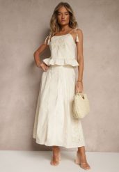 Beżowa Rozkloszowana Spódnica z Bawełny z Haftowanymi Detalami Tolanisse. Brązowe spódniczki damskie Renee, l, bez wzorów, z bawełny, eleganckie, maxi, rozkloszowane. Za 89.99 zł.