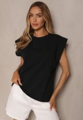 Czarny Top z Bawełny Ozdobiony Falbanką Galanetia. Czarne topy damskie Renee, bez wzorów, z bawełny, bez kołnierzyka. Za 49.99 zł.
