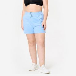 Spodenki fitness damskie Domyos. Niebieskie spodenki sportowe damskie DOMYOS, bez wzorów, z bawełny, klasyczne. Za 49.99 zł.