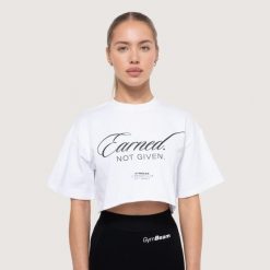 Koszulka damska functional training cropped Earned. Białe bluzki sportowe damskie GYMBEAM, l, bez wzorów, z bawełny, bez ramiączek. Za 77.90 zł.