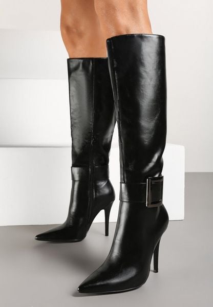 Czarne Kozaki na Szpilce z Metaliczną Klamrą Evelinna. Czarne kozaki damskie Renee, bez obcasa, na obcasie. Za 199.99 zł.