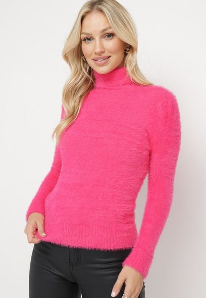 Fuksjowy Elastyczny Golf z Wełną i Ściągaczami Ozdobiony Długim Włosem Alussone. Czerwone golfy damskie Born2be, bez wzorów, z dzianiny, bez ramiączek. Za 44.99 zł.