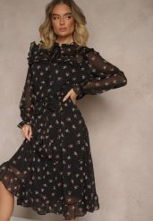 Czarna Rozkloszowana Sukienka w Kwiatowy Print z Wiązaniem w Talii i Pod Dekoltem Ronflara. Czarne sukienki damskie Renee, na co dzień, l, bez wzorów, z jeansu, eleganckie, bez kołnierzyka, bez ramiączek, midi, kopertowe. W wyprzedaży za 118.99 zł.