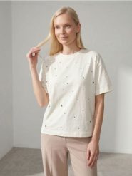 Bawełniana koszulka z krótkim rękawem z cekinowymi kropkami - kremowy. Białe t-shirty damskie Sinsay, l, bez wzorów, z bawełny, bez kołnierzyka. Za 25.99 zł.