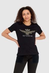 AERONAUTICA MILITARE Czarny t-shirt damski z orłem wykonanym z dżetów. Czarne t-shirty damskie AERONAUTICA MILITARE, s, bez wzorów, z bawełny, bez kołnierzyka. W wyprzedaży za 259.99 zł.