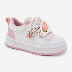 Sneakersy Dziecięce Na Rzep Z Przypinką Lizak Biało-Różowe białe. Białe buty sportowe dziewczęce bez wzorów, ze skóry, bez zapięcia. Za 160.24 zł.