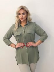 Klasycza koszula Cler w kolorze khaki z długim rękawem do pracy PLUS SIZE XXL. Brązowe koszule damskie Nasi partnerzy, plus size, bez wzorów, z poliesteru, biznesowe, bez kołnierzyka, plus size, bez ramiączek. Za 199.90 zł.