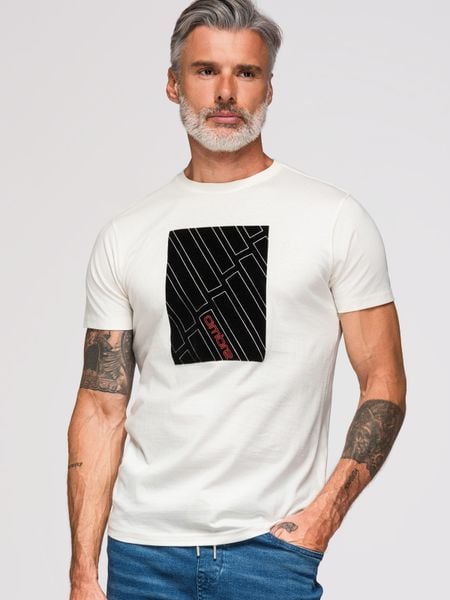 Męski T-shirt bawełniany z geometrycznym nadrukiem - biały V1 - Rozmiar: S. Białe t-shirty męskie Ombre Clothing, m, z aplikacjami, z bawełny, bez kołnierzyka. Za 109.99 zł.