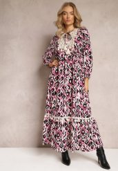 Fuksjowa Sukienka Rozkloszowana Maxi z Falbanką Maruerilla. Czerwone sukienki damskie Renee, l, bez wzorów, z materiału, bez kołnierzyka, bez ramiączek, maxi, rozkloszowane. W wyprzedaży za 97.99 zł.