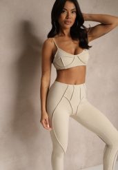 Beżowy Komplet Sportowy Zdobiony Przeszyciami Legginsy i Top Filaranea. Brązowe legginsy damskie Renee, m, z aplikacjami, z jeansu, bez ramiączek. Za 89.99 zł.