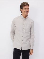Koszula regular fit z kieszonką - beżowy. Brązowe koszule męskie Reserved, l, bez wzorów, z bawełny, bez kołnierzyka, bez ramiączek. W wyprzedaży za 49.99 zł.