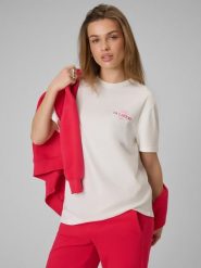 4F T-shirt loose z nadrukiem damski - beżowy S. Brązowe t-shirty damskie 4f, s, bez wzorów, z bawełny, bez kołnierzyka. Za 69.99 zł.