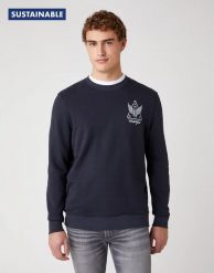 MĘSKA BLUZA WRANGLER GRAPHIC CREW DARK NAVY W6E2HAXAE 112130727. Niebieskie bluzy bez kaptura męskie Wrangler, m. Za 149.99 zł.
