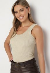 Beżowy Top z Wiskozą Obszyty Metaliczną Nicią Nerevana. Brązowe topy damskie Born2be, m, bez wzorów, z dzianiny, bez kołnierzyka. Za 54.99 zł.