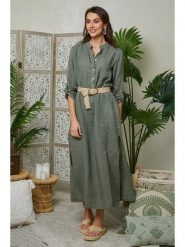 Lin Passion Lniana sukienka w kolorze khaki rozmiar: 36/38. Brązowe sukienki damskie Lin Passion, bez wzorów, ze lnu, klasyczne, bez kołnierzyka, bez ramiączek, maxi. Za 144.92 zł.