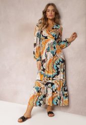 Beżowa Kopertowa Sukienka Maxi w Fantazyjny Nadruk Leanda. Brązowe sukienki damskie Renee, l, bez wzorów, bez kołnierzyka, bez ramiączek, maxi, kopertowe. W wyprzedaży za 69.99 zł.