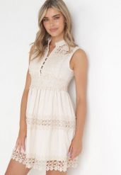 Jasnobeżowa Sukienka Ashiriel. Brązowe sukienki damskie Born2be, m, z aplikacjami, boho, bez kołnierzyka, bez ramiączek, mini, dopasowane. W wyprzedaży za 151.99 zł.