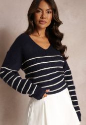 Granatowy Sweter w Paski z Trójkątnym Dekoltem Ozdobiony Cekinami Avaninder. Niebieskie swetry klasyczne damskie Renee, l, bez kołnierzyka. Za 139.99 zł.