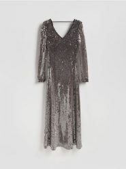 Cekinowa sukienka maxi - beżowy. Brązowe sukienki damskie Reserved, l, bez wzorów, z dzianiny, bez kołnierzyka, bez ramiączek, maxi, dopasowane. Za 329.99 zł.