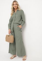 Zielony Komplet z Wiskozy Koszula na Guziki Szerokie Spodnie z Gumką w Pasie Tinasiam. Zielone koszule damskie Born2be, bez wzorów, z wiskozy, eleganckie. Za 169.99 zł.