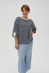 Bluza oversize w paski z szerokimi rękawami granatowa. Bluzy bez kaptura damskie MOODO, l, z bawełny. Za 99.99 zł.