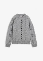 Gruby sweter ze wzorem w warkocze. Szare swetry klasyczne damskie bonprix, z wełny, bez kołnierzyka. Za 169.99 zł.