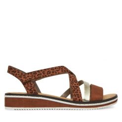 Sandały Rieker. Brązowe sandały damskie Rieker, bez wzorów, bez obcasa, na koturnie. Za 299.99 zł.