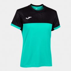 Koszulka do tenisa z krótkim rekawem damska Joma SHORT SLEEVE T- SHIRT. Czarne bluzki damskie Joma, s, bez wzorów, sportowe, bez kołnierzyka, bez ramiączek. W wyprzedaży za 106.00 zł.