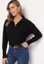Czarny Sweter z Golfem Zapinanym na Zamek Tihanas. Czarne golfy damskie Born2be, m, bez wzorów, bez ramiączek. Za 84.99 zł.