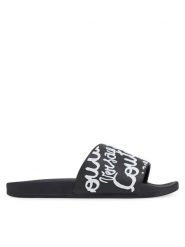 Versace Jeans Couture Klapki 78VA3SQ1 Czarny. Czarne klapki damskie Versace Jeans Couture, bez wzorów, z jeansu, bez obcasa. Za 229.99 zł.