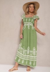 Zielona Wiskozowa Sukienka Rozkloszowana w Ornamentalny Wzór Lisaretia. Zielone sukienki damskie Renee, na co dzień, l, z aplikacjami, z wiskozy, eleganckie, bez kołnierzyka, bez ramiączek, maxi, rozkloszowane. W wyprzedaży za 62.99 zł.