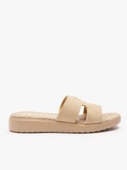 Piaskowe klapki H na grubszym spodzie. Brązowe klapki damskie Ryłko, bez wzorów, ze skóry, bez obcasa, na płaskiej podeszwie. Za 249.99 zł.