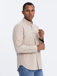 Koszula męska bawełniana REGULAR FIT z kieszenią - beżowy V1 OM-SHOS-0153 - S. Brązowe koszule męskie Ombre Clothing, m, bez wzorów, z bawełny, bez kołnierzyka, bez ramiączek. Za 55.19 zł.