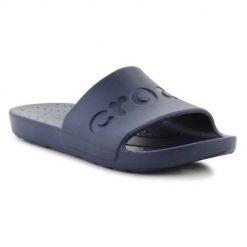 Klapki unisex Crocs Slide. Niebieskie klapki damskie Crocs, bez wzorów, z materiału, bez obcasa. Za 129.95 zł.