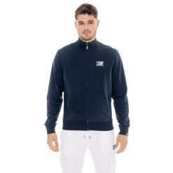 Bluza z bawełna z pełny zamek błyskawiczny na co dzień. Niebieskie bluzy bez kaptura męskie LEONE 1947 APPAREL, bez wzorów, z bawełny, sportowe, bez kołnierzyka, bez ramiączek. W wyprzedaży za 112.15 zł.