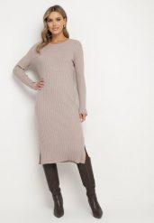 Beżowa Sukienka Sweterkowa z Wiskozą Ozdobiona z Boku Rozcięciami Ninnoriel. Brązowe sukienki damskie Born2be, na co dzień, s, bez wzorów, z wiskozy, eleganckie, bez kołnierzyka, bez ramiączek, midi, proste. W wyprzedaży za 71.99 zł.