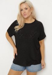 Czarny T-shirt z Bawełną i Ażurowym Wzorem Puzira. Czarne t-shirty damskie Born2be, s, w ażurowe wzory, z bawełny, bez kołnierzyka. Za 49.99 zł.
