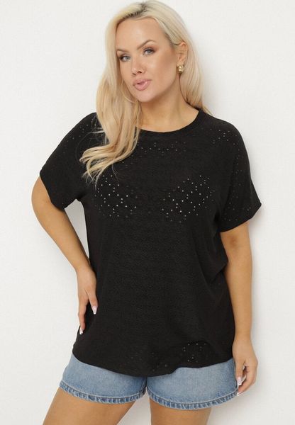 Czarny T-shirt z Bawełną i Ażurowym Wzorem Puzira. Czarne t-shirty damskie Born2be, s, w ażurowe wzory, z bawełny, bez kołnierzyka. Za 49.99 zł.