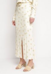 Jasnobeżowa Spódnica Midi w Kropki z Paskiem w Komplecie Mivema. Brązowe spódniczki damskie Born2be, l, bez wzorów, z materiału, eleganckie, midi. Za 84.99 zł.