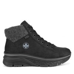 Botki Rieker. Czarne botki damskie Rieker, bez obcasa, na koturnie, bez zapięcia. Za 265.99 zł.