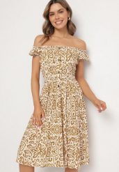 Beżowa Sukienka z Bawełny w Ornamentalny Wzór z Gumką w Pasie Natirissa. Brązowe sukienki damskie Born2be, na co dzień, l, bez wzorów, z bawełny, eleganckie, bez kołnierzyka, bez ramiączek, midi, proste. W wyprzedaży za 43.99 zł.