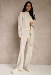 Beżowy Komplet z Dzianiny z Wiskozą Spodnie Bluzka ze Stójką i Kardigan Vetisene. Brązowe spodnie materiałowe damskie Renee, bez wzorów, z dzianiny. Za 229.99 zł.