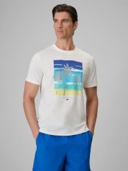 4F T-shirt regular z nadrukiem męski - kremowy M. Białe t-shirty męskie 4f, m, bez wzorów, z bawełny, bez kołnierzyka. W wyprzedaży za 59.99 zł.