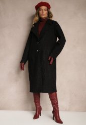 Czarny Płaszcz Jednorzędowy o Długim Kroju z Materiału Boucle Deorina. Czarne płaszcze damskie Renee, l, bez wzorów, biznesowe. Za 159.99 zł.