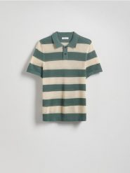 Ażurowy sweter polo - wielobarwny. Swetry męskie Reserved, l, w ażurowe wzory, z bawełny, bez kołnierzyka. Za 109.99 zł.