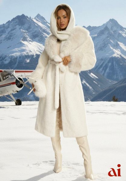 Biały Futrzany Płaszcz z Wiązanym Paskiem Ozdobnym Kołnierzem i Mankietami Viaressa. Białe płaszcze damskie Renee, l, bez wzorów, z futra, eleganckie. Za 359.99 zł.