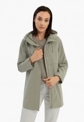 Oliwkowy płaszcz damski J-WALERIA. Zielone płaszcze damskie Volcano, na wiosnę, uniwersalny, bez wzorów, z materiału, wizytowe. Za 349.99 zł.