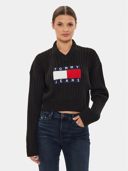 Tommy Jeans Sweter Center Flag DW0DW18528 Czarny Relaxed Fit. Czarne swetry klasyczne damskie Tommy Jeans, xl, z jeansu, bez kołnierzyka. Za 259.99 zł.
